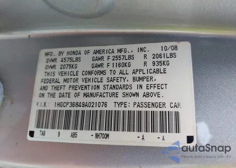 2009 Honda Accord 3.5 Ex-L z USA, uszkodzony, nr VIN 1HGCP36849A021076